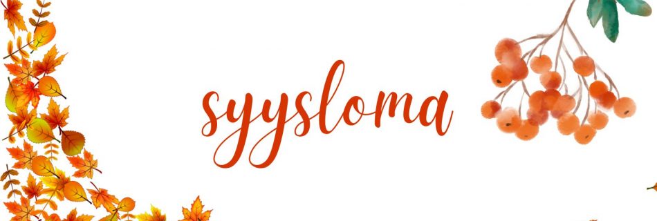Värikkäitä syksyn lehtiä, sekä pihlajanmarjaoksa, lisäksi kuvassa on teksti: syysloma.